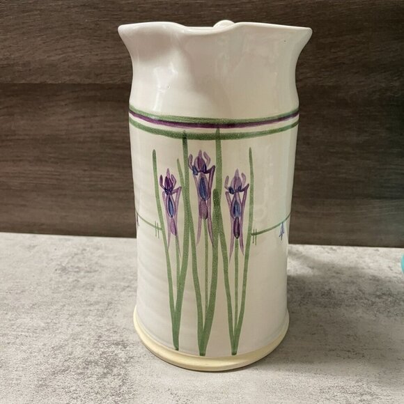 Studio Art Pottery Pitcher Hand Painted Purple Iris Flowers Handmade Signed 8" - Picture 5 of 11